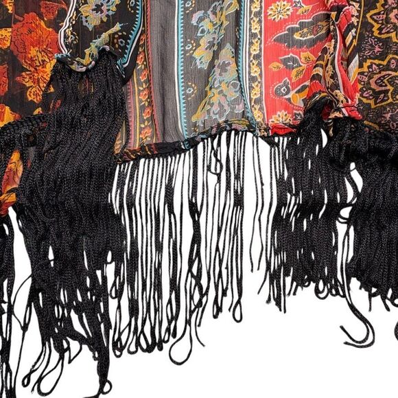 Forever 21 Boho Fringe Kimono Duster Festival Concert Artsy Hippie Open Shawl L - Picture 6 of 12